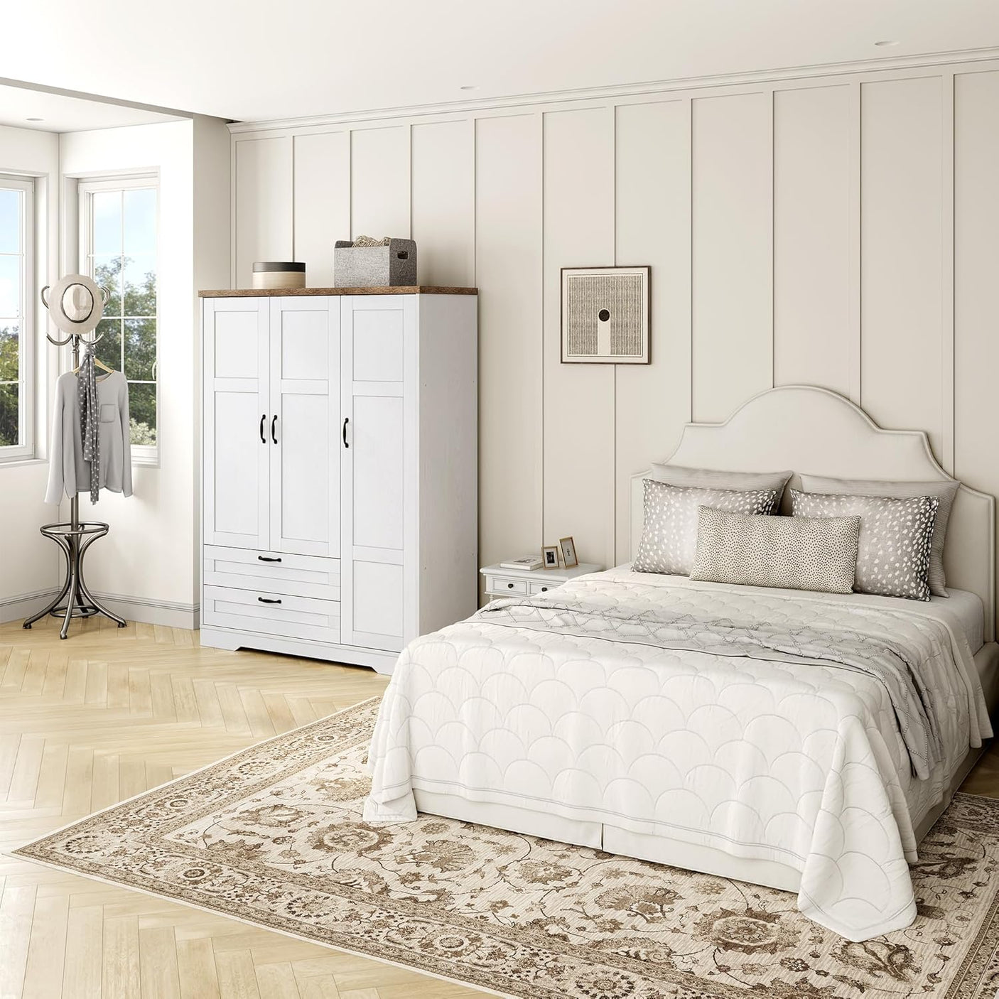 Yechen 3-Door Wooden Wardrobe Closet with Mirror, Drawers & Shelves, Farmhouse Armoire for Bedroom
