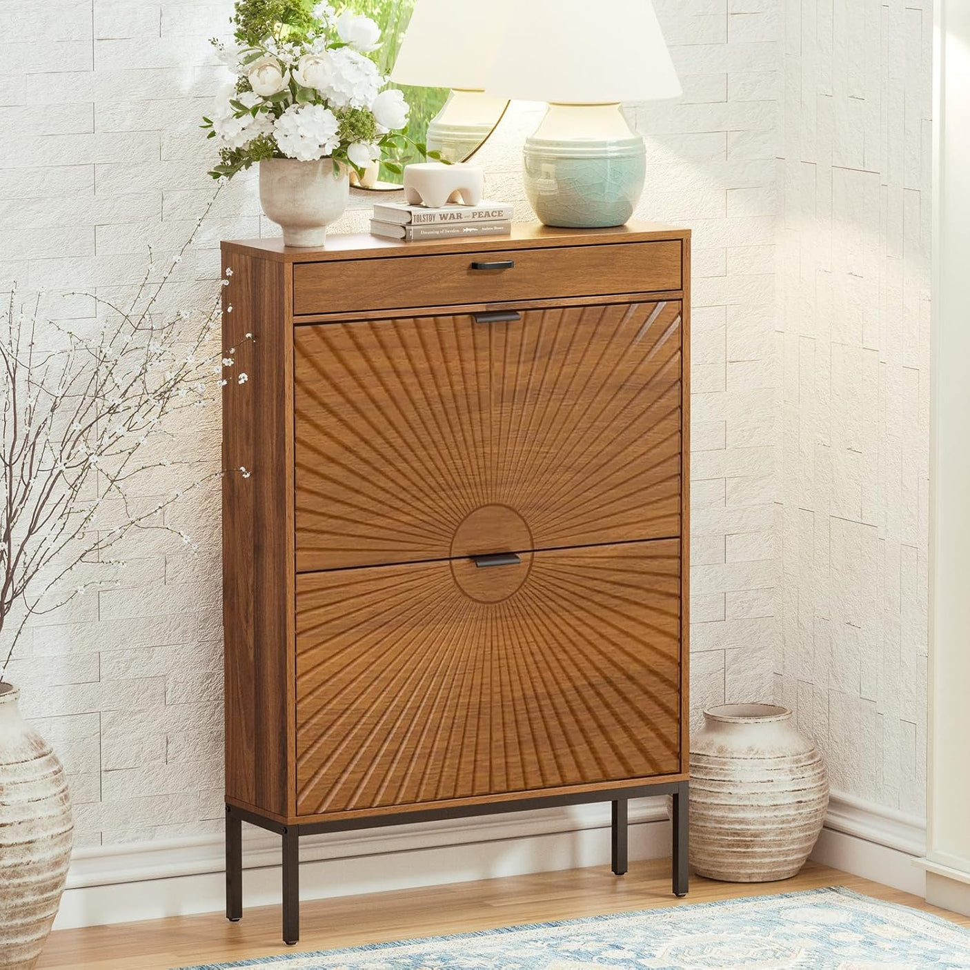 Yechen Shoe Cabinet with Flip Doors, 2 Flip Drawers + Top Drawer, Slim Entryway Organizer for Hallway & Living Room, Walnut