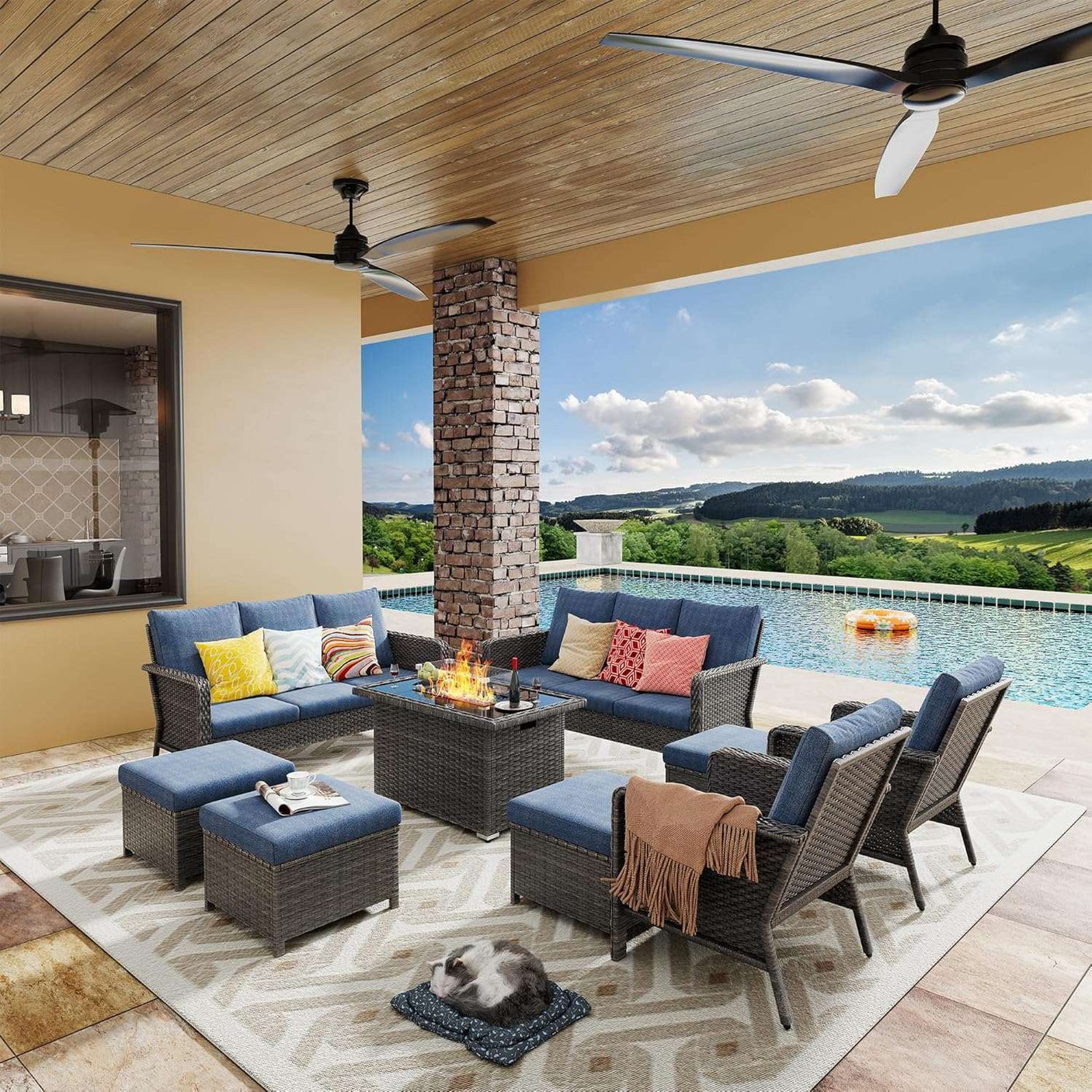 10 Seats Blue Patio Backyard Conversation Sofa Set