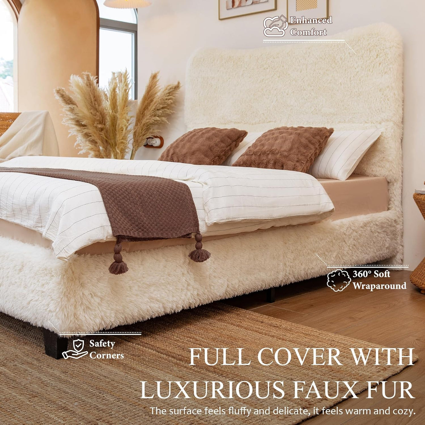 Boho Boucle Cloud Upholstered Platform Bed - Fluffy Soft Bed Frame with Rounded Corners