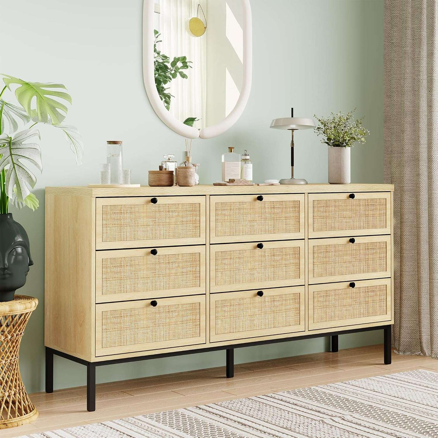 59" Wide Natural Rattan 9 Drawer Dresser