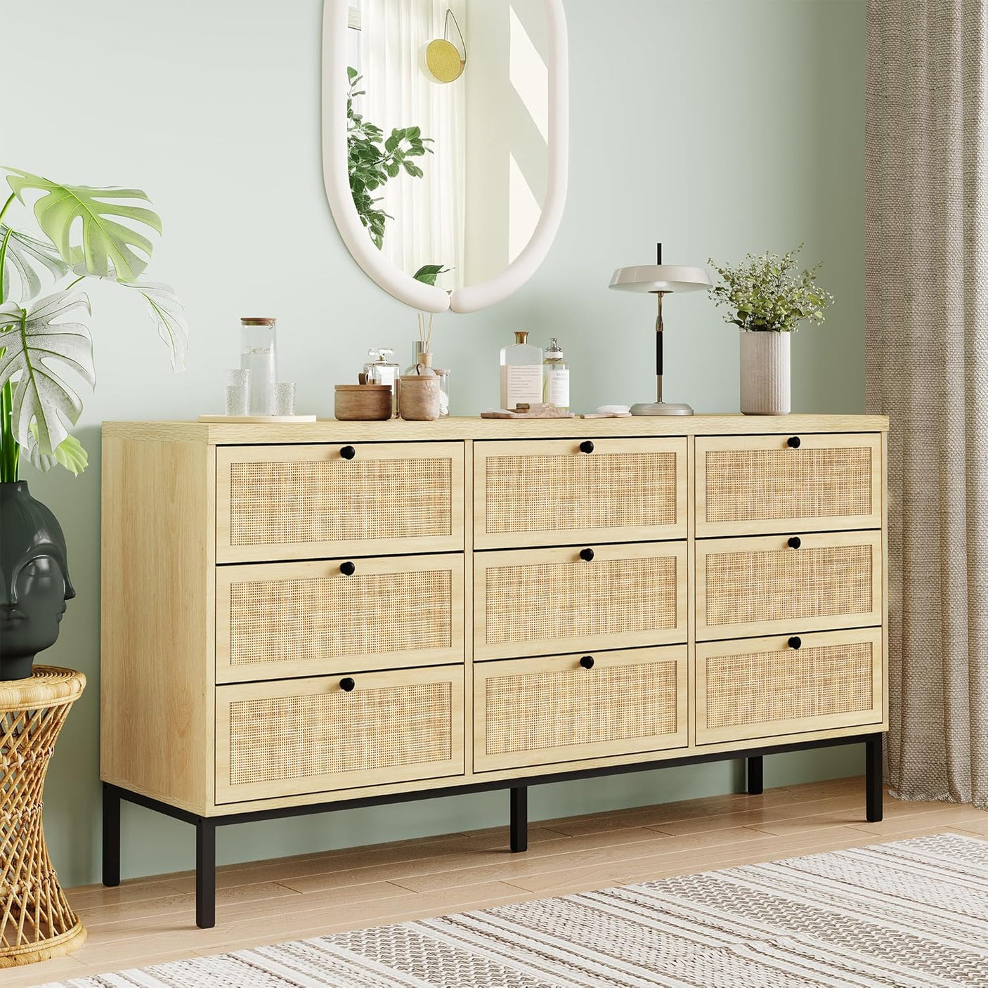 59" Wide Natural Rattan 9 Drawer Dresser