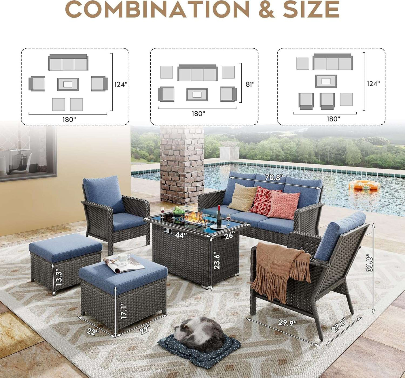 7 Seats Blue Patio Outdoor Conversation Sofa Set