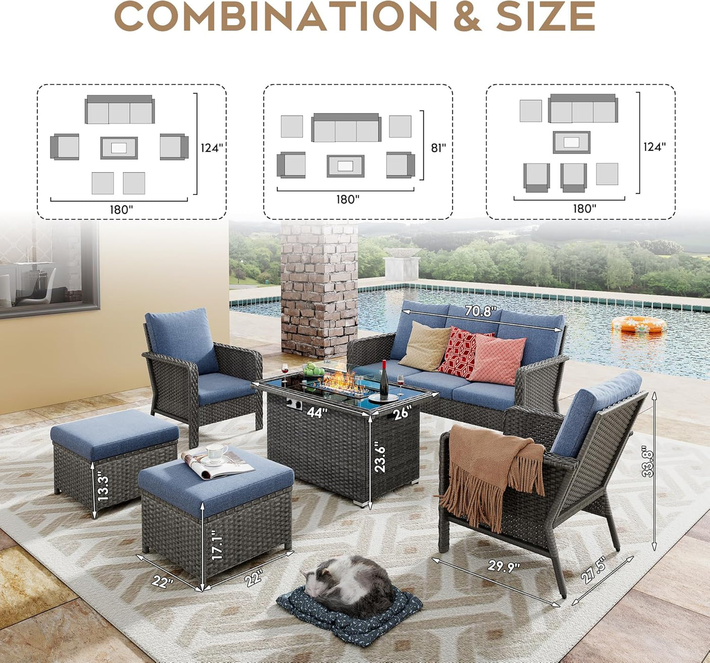 7 Seats Blue Patio Outdoor Conversation Sofa Set