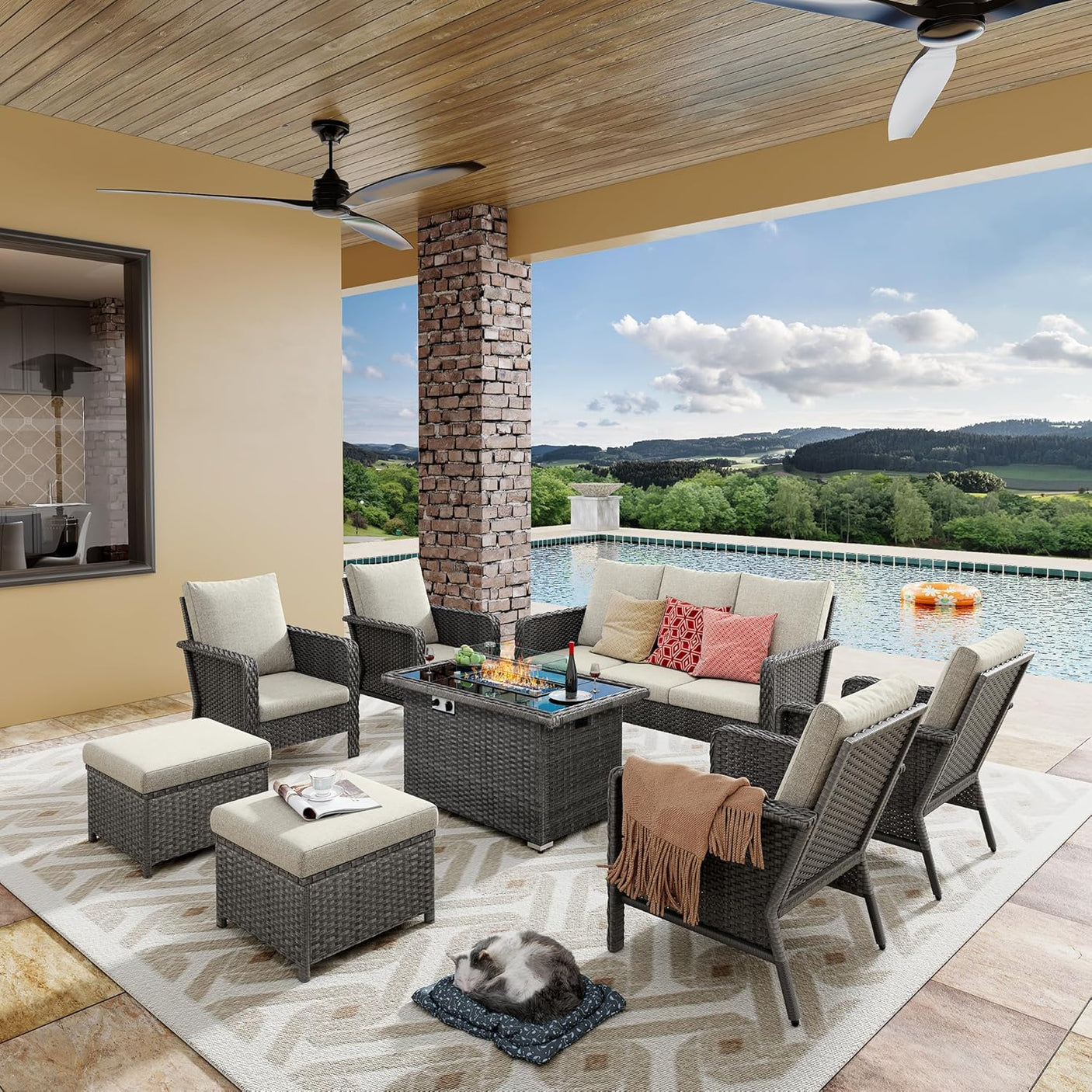 9 Seats Beige Patio Outdoor Conversation Sofa Set