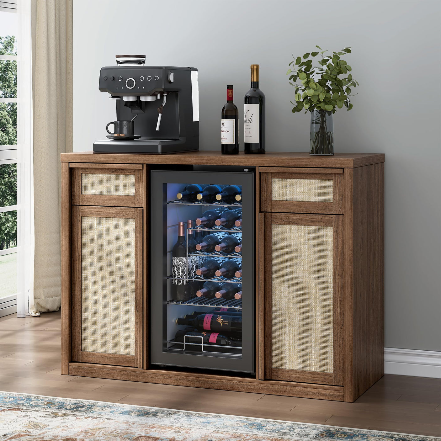 Rattan Coffee Bar Cabinet with Mini Fridge Space - Boho Sideboard with Wine Storage