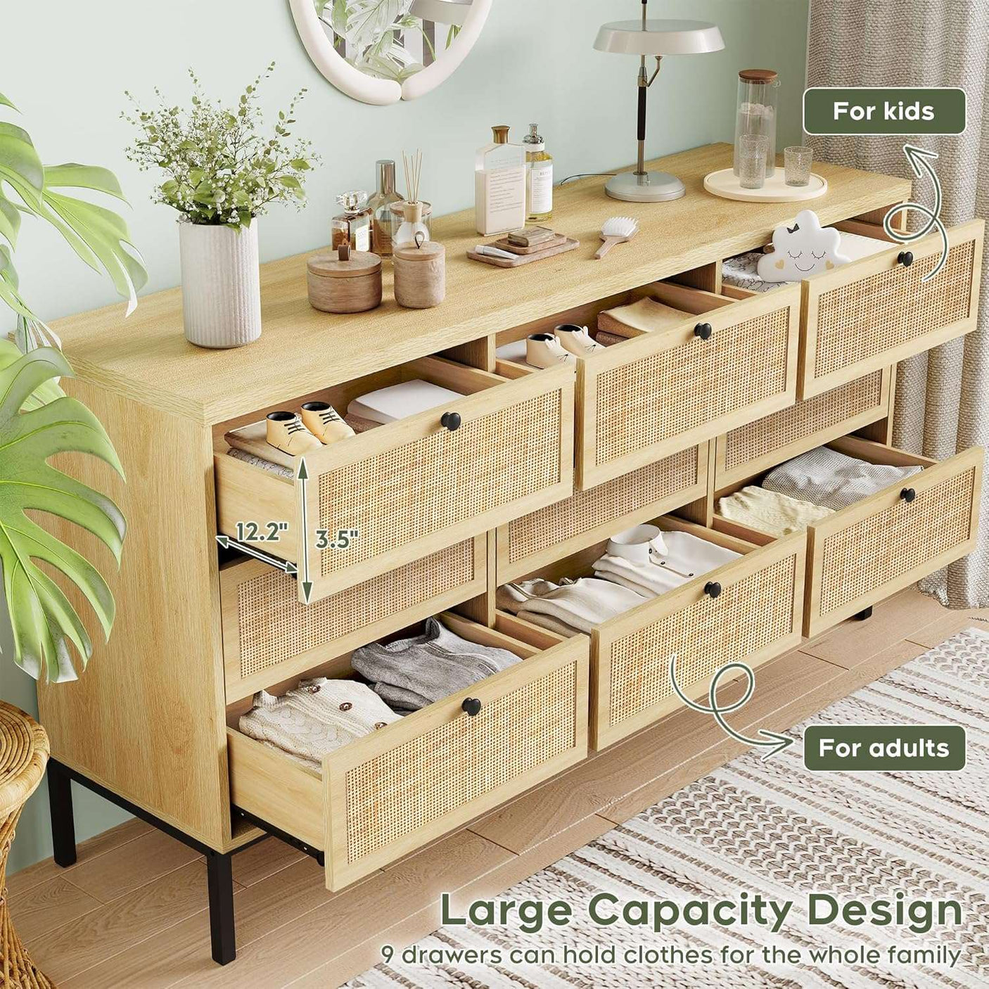 59" Wide Natural Rattan 9 Drawer Dresser