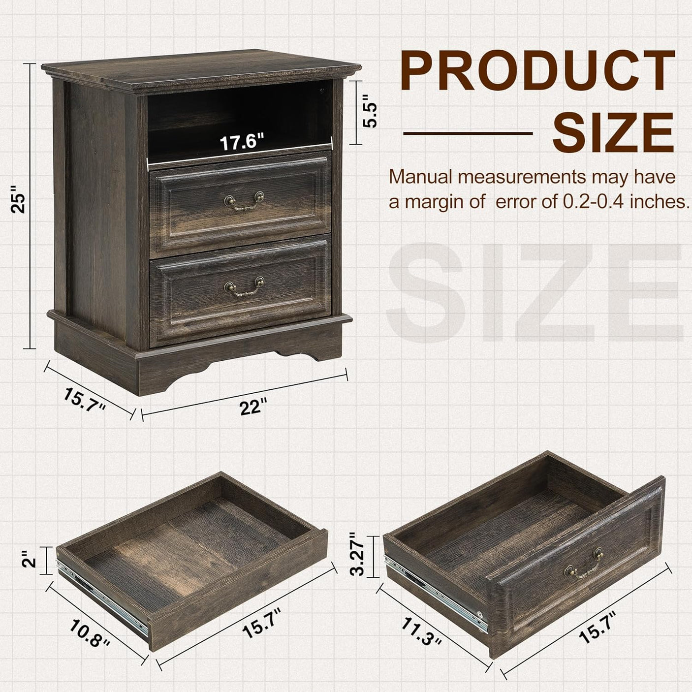 Farmhouse Mid Century Modern Nightstand, 2-Drawer 25" Tall Wood