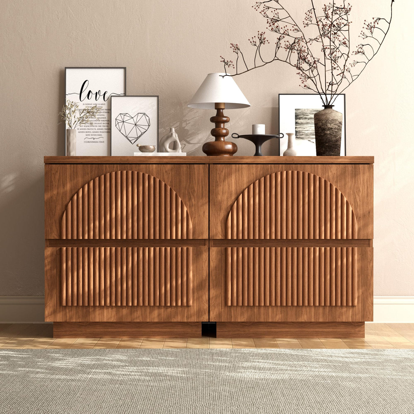 Yechen Modern Fluted Nightstand with Storage, Arched Reeded Night Stand with Charging Station, Bedside Table for Bedroom, Walnut