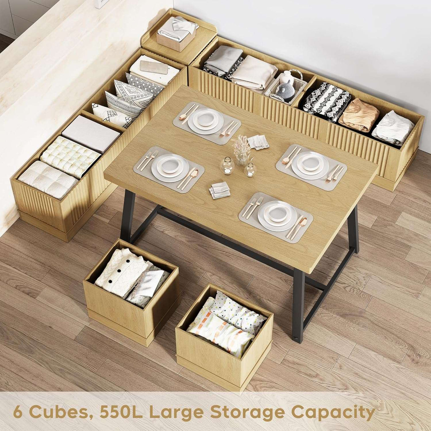 47 Inch Corner Dining Table Set with Storage Stool and Storage Bench