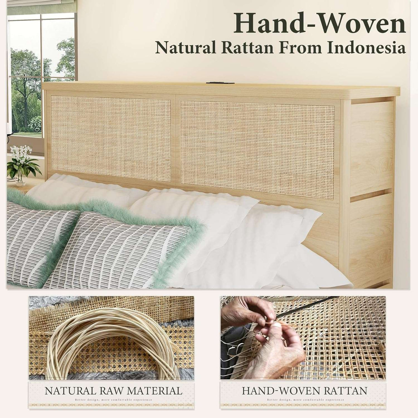 Boho Rattan Queen Beds Frame with Charging Station Headboard