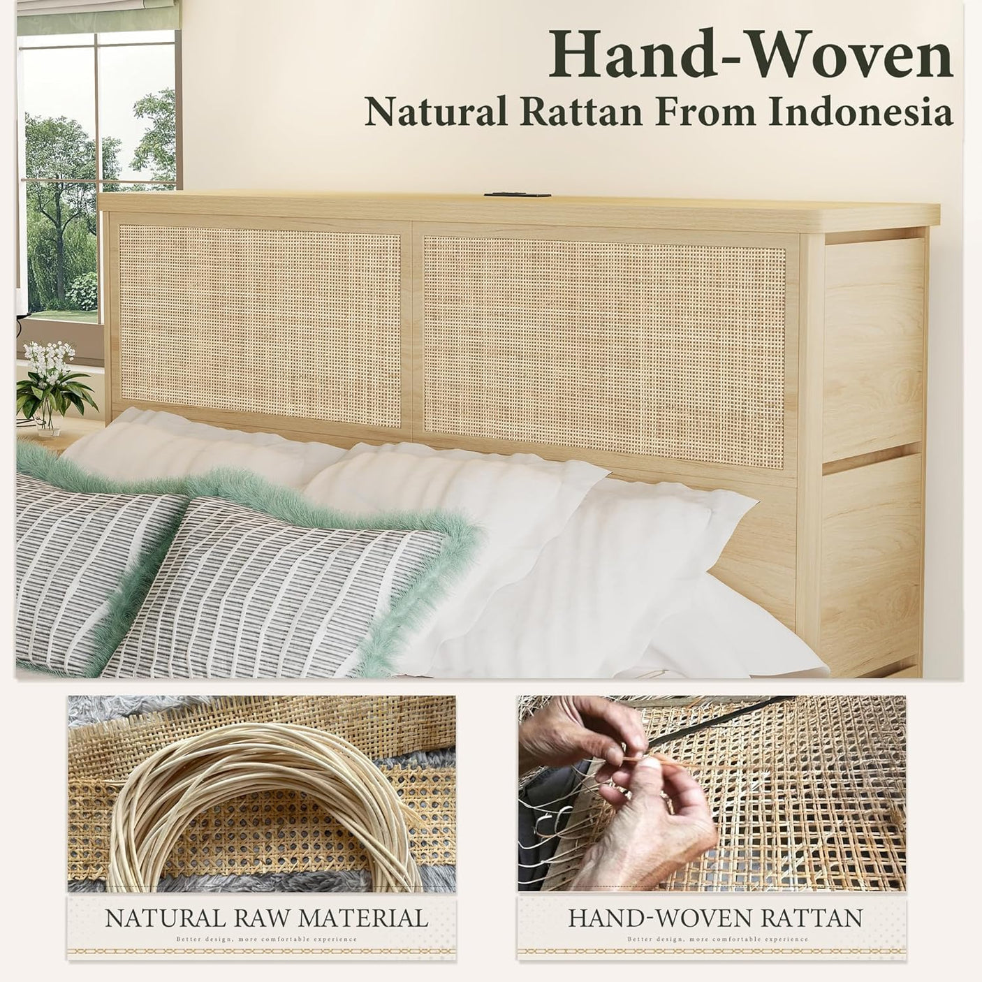 Boho Rattan Queen Beds Frame with Charging Station Headboard