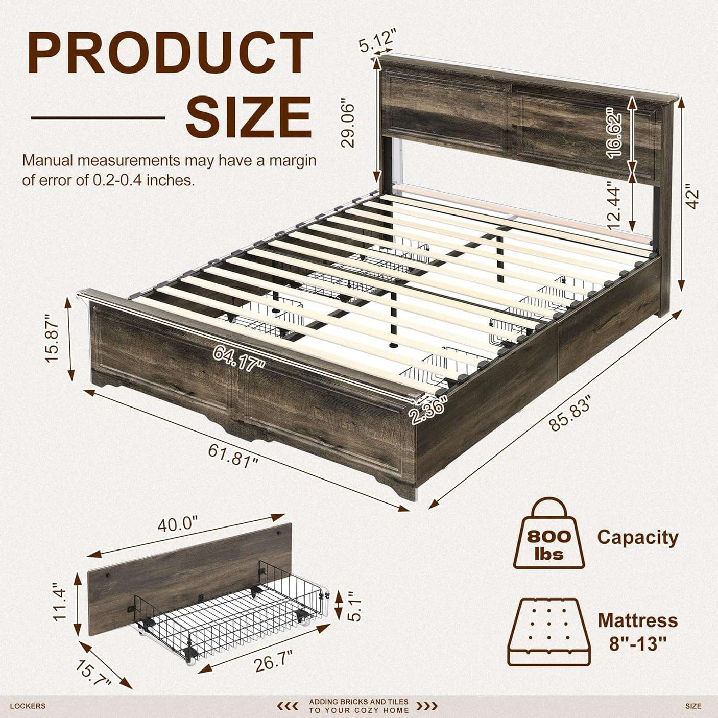 Farmhouse Queen Size Bed Frame with 4 Storage Drawers