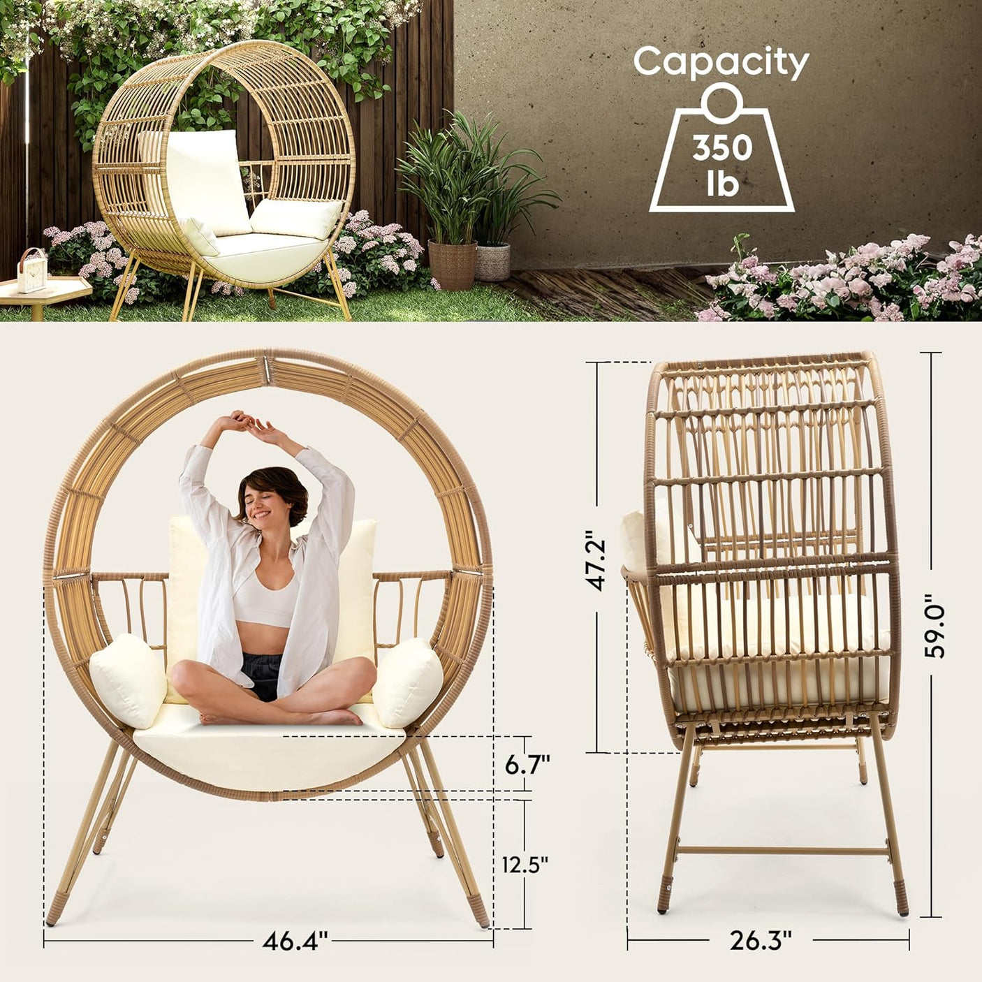 Outdoor Oversized Wicker Patio Egg Chair with Cushions
