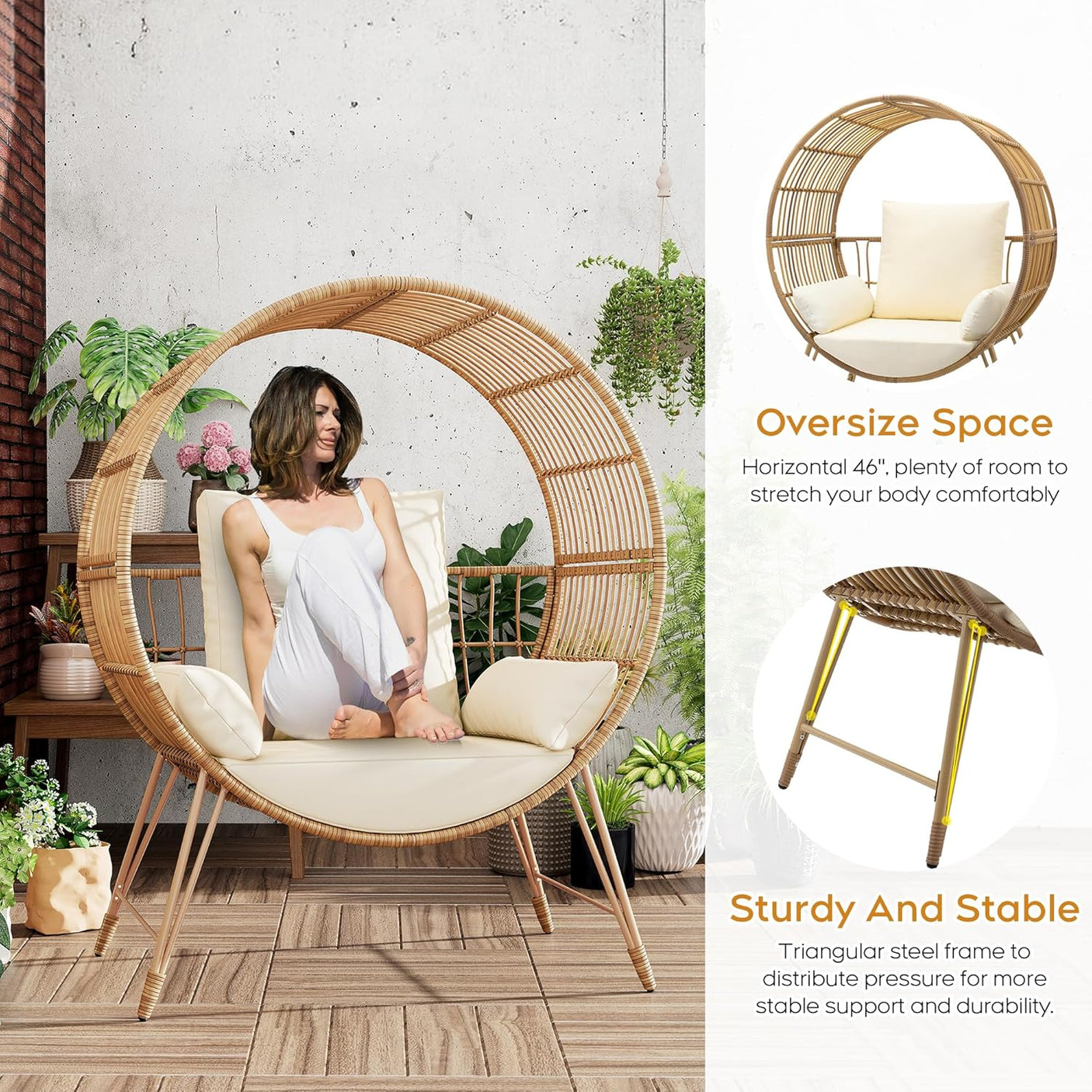 Outdoor Oversized Wicker Patio Egg Chair with Cushions