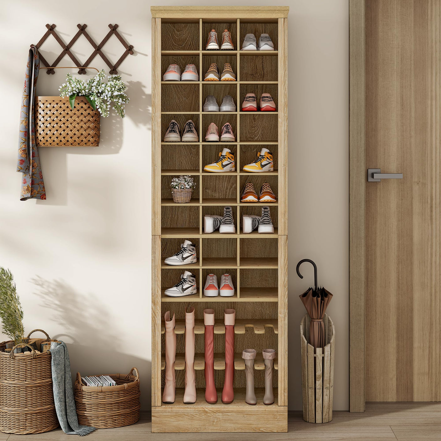 Yechen Tall Shoe Cabinet – 9-Tier, 27 Cubbies, 74.9" Freestanding Organizer | Light Brown