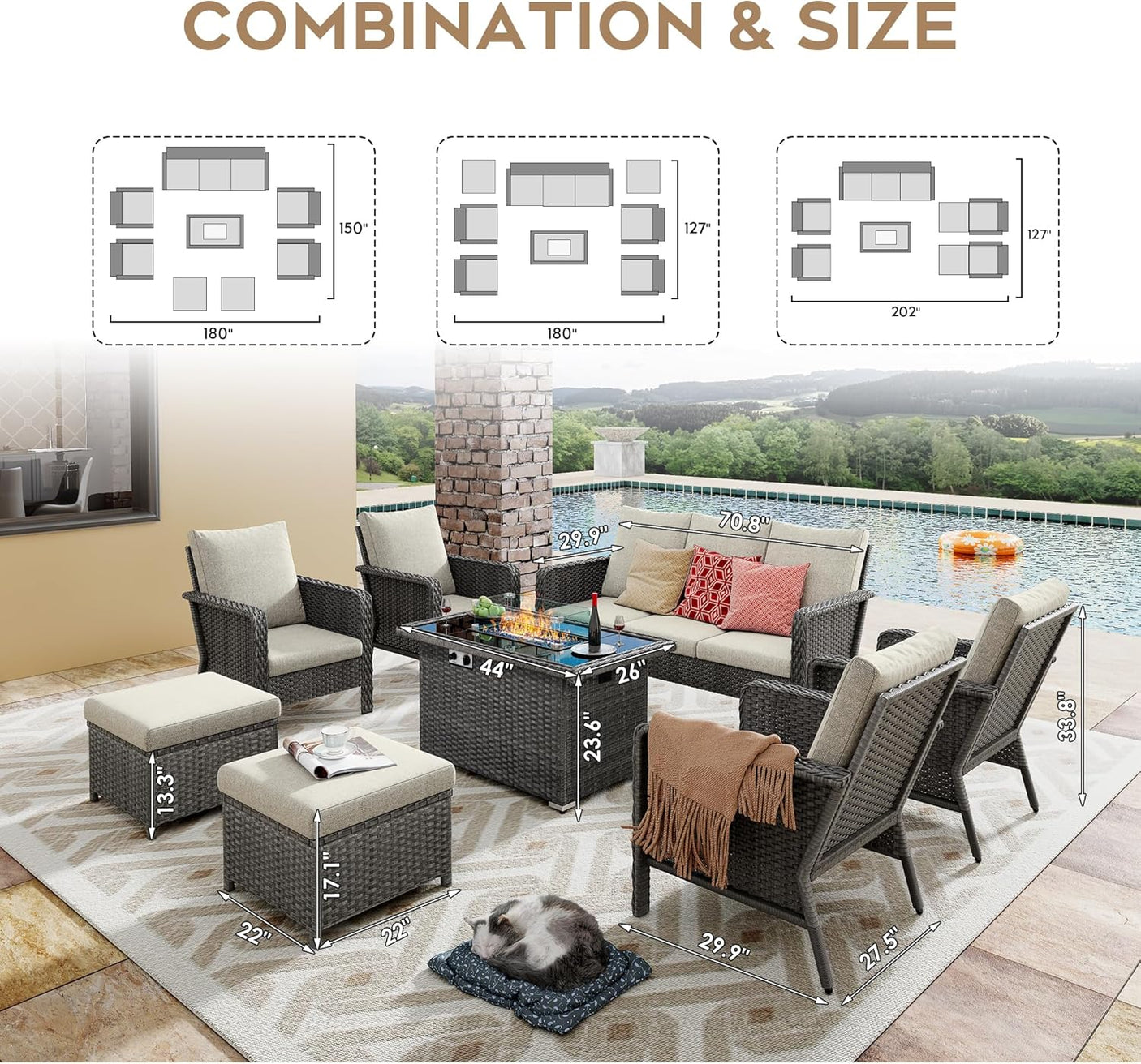 9 Seats Beige Patio Outdoor Conversation Sofa Set