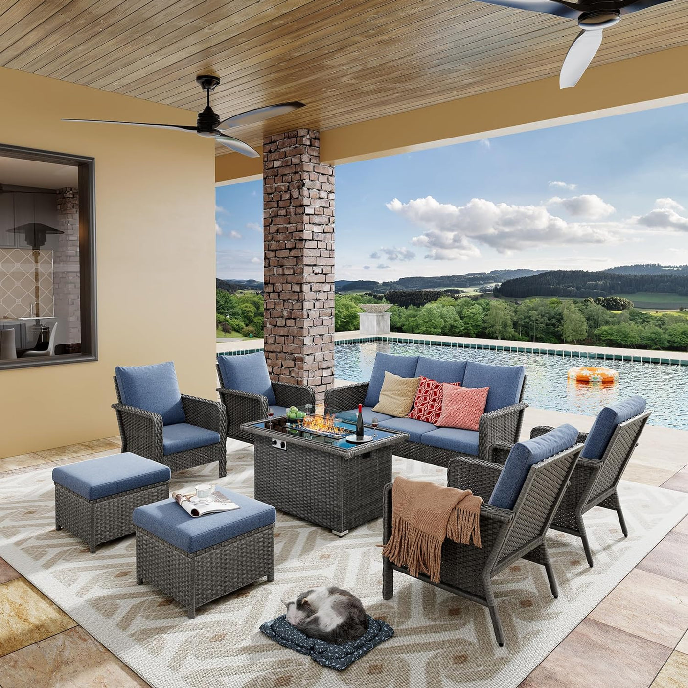 9 Seats Blue Patio Outdoor Conversation Sofa Set