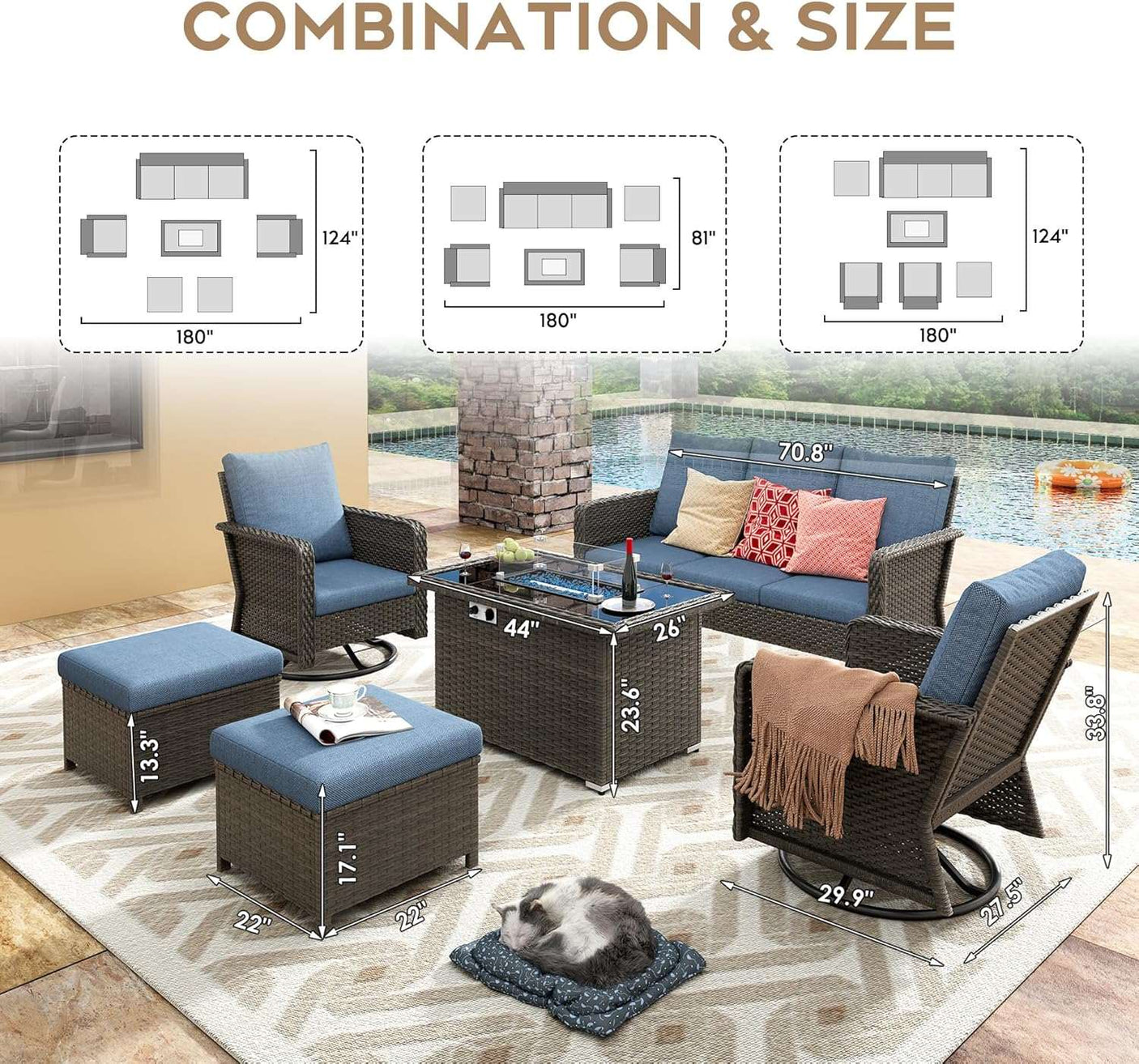 7 Seats Blue Patio Outdoor Conversation Sofa Set with Swivel Chair