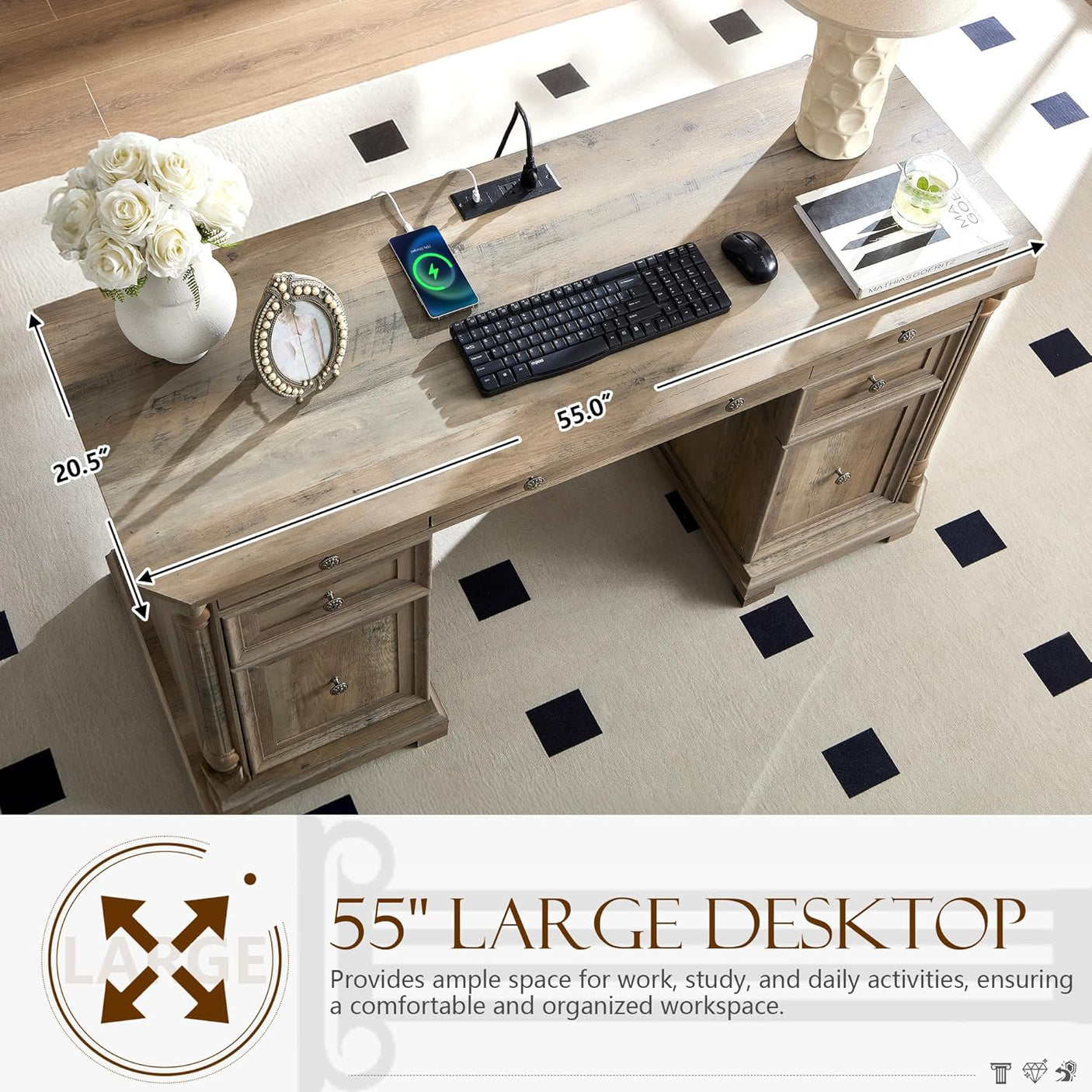 55'' Wood Executive Desk with 7 Drawers