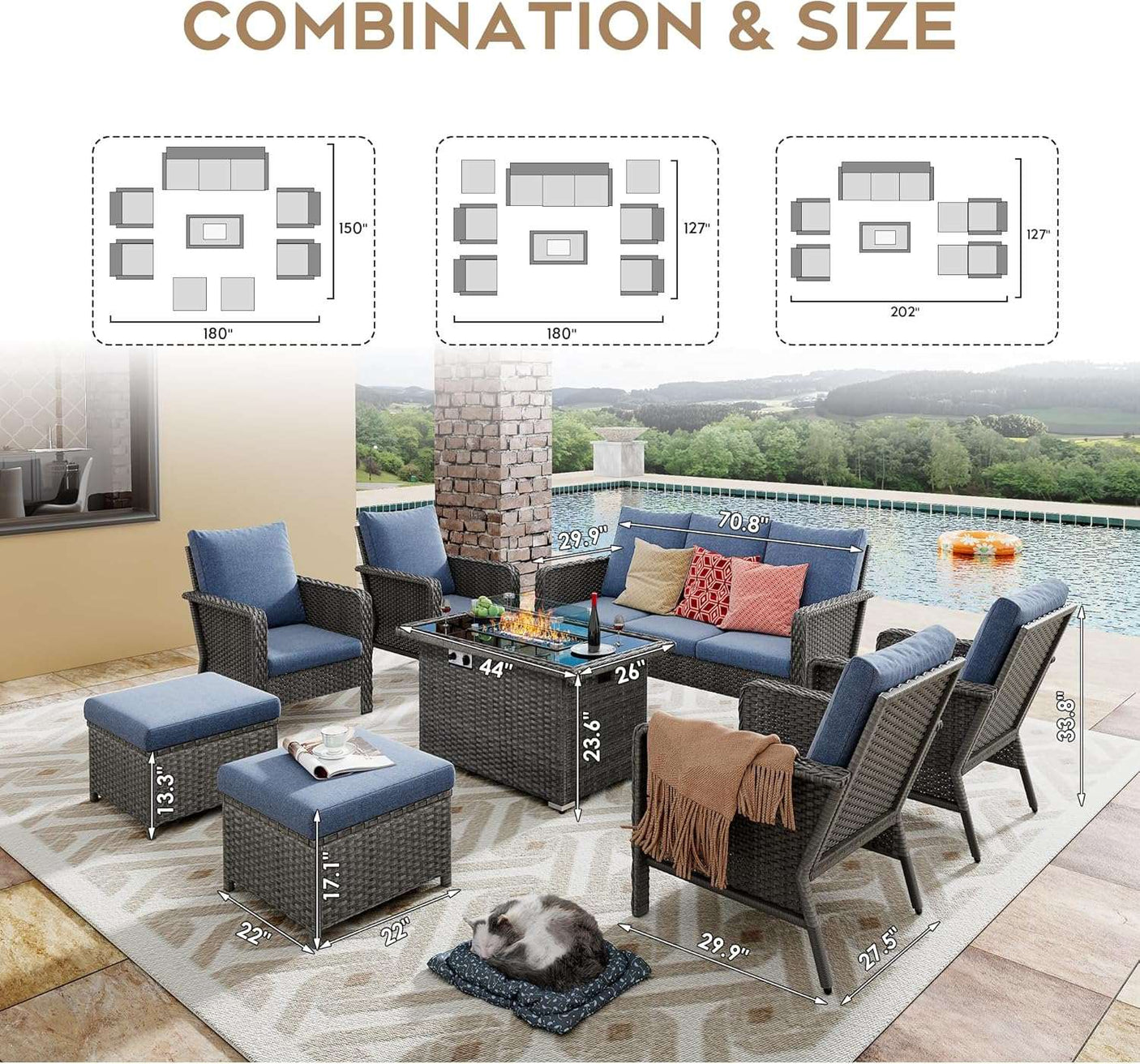 9 Seats Blue Patio Outdoor Conversation Sofa Set