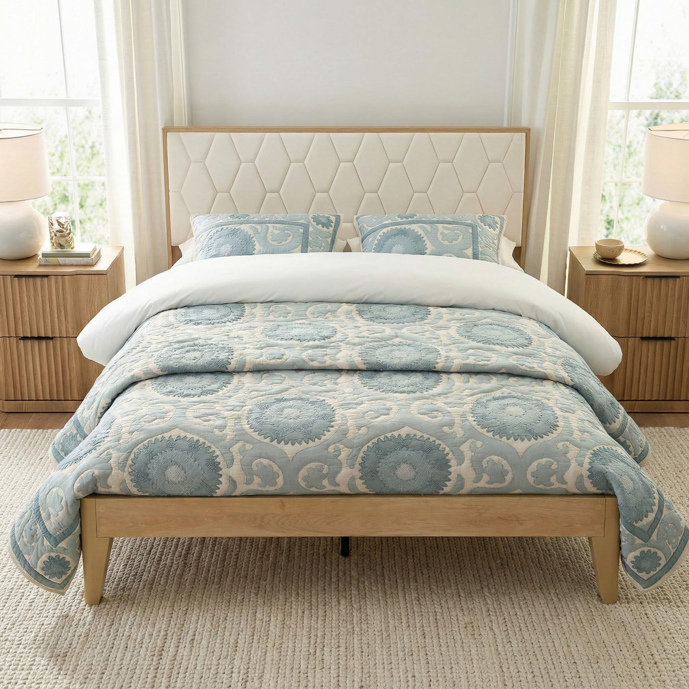 Yechen Diamond Headboard Platform Bed Frame | Boho Wood-Look, No Box Spring Needed