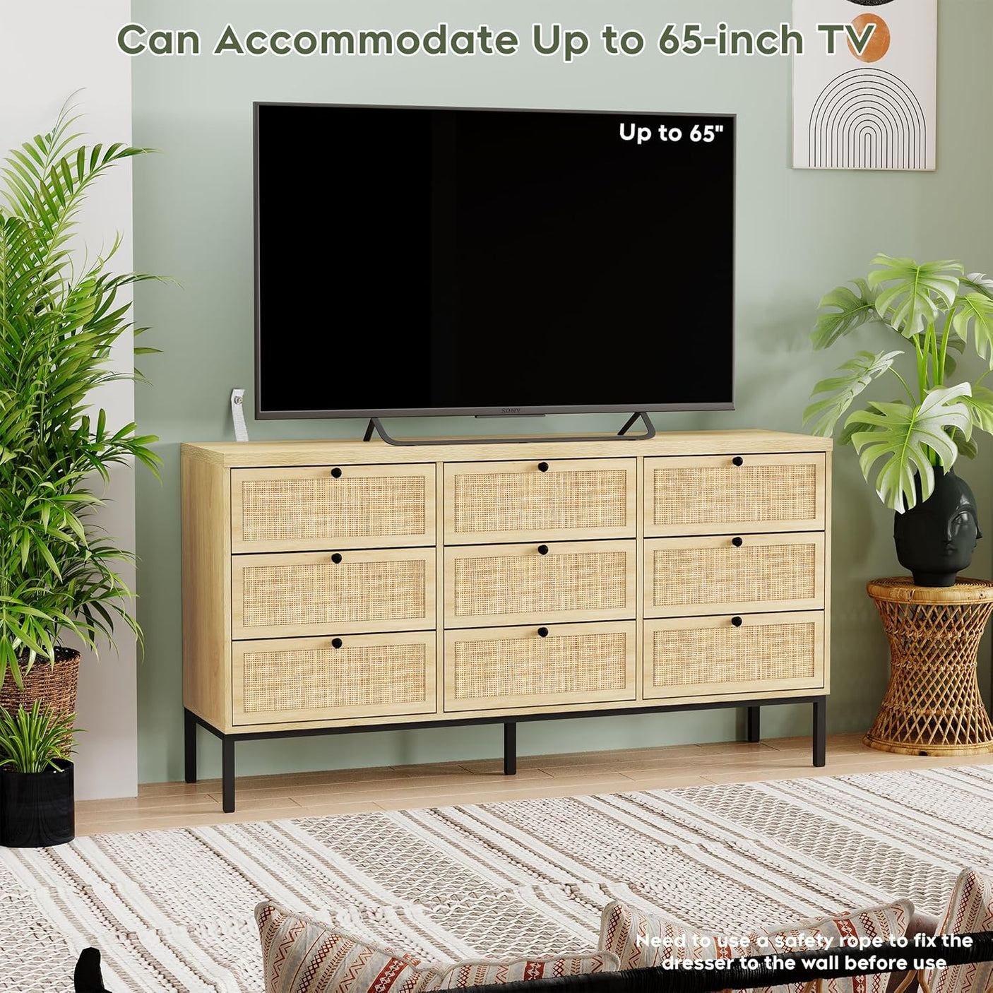 59" Wide Natural Rattan 9 Drawer Dresser