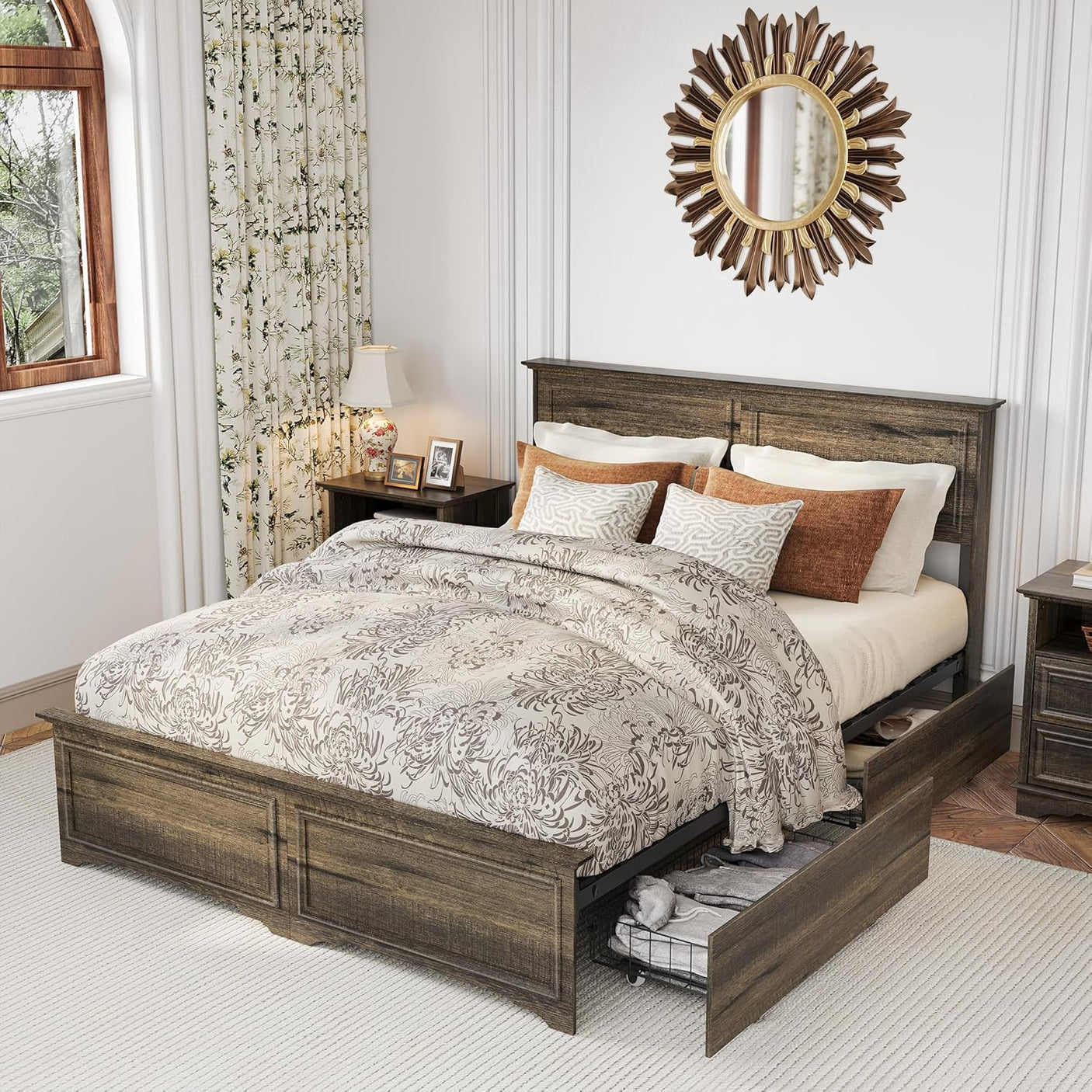 Farmhouse Queen Size Bed Frame with 4 Storage Drawers