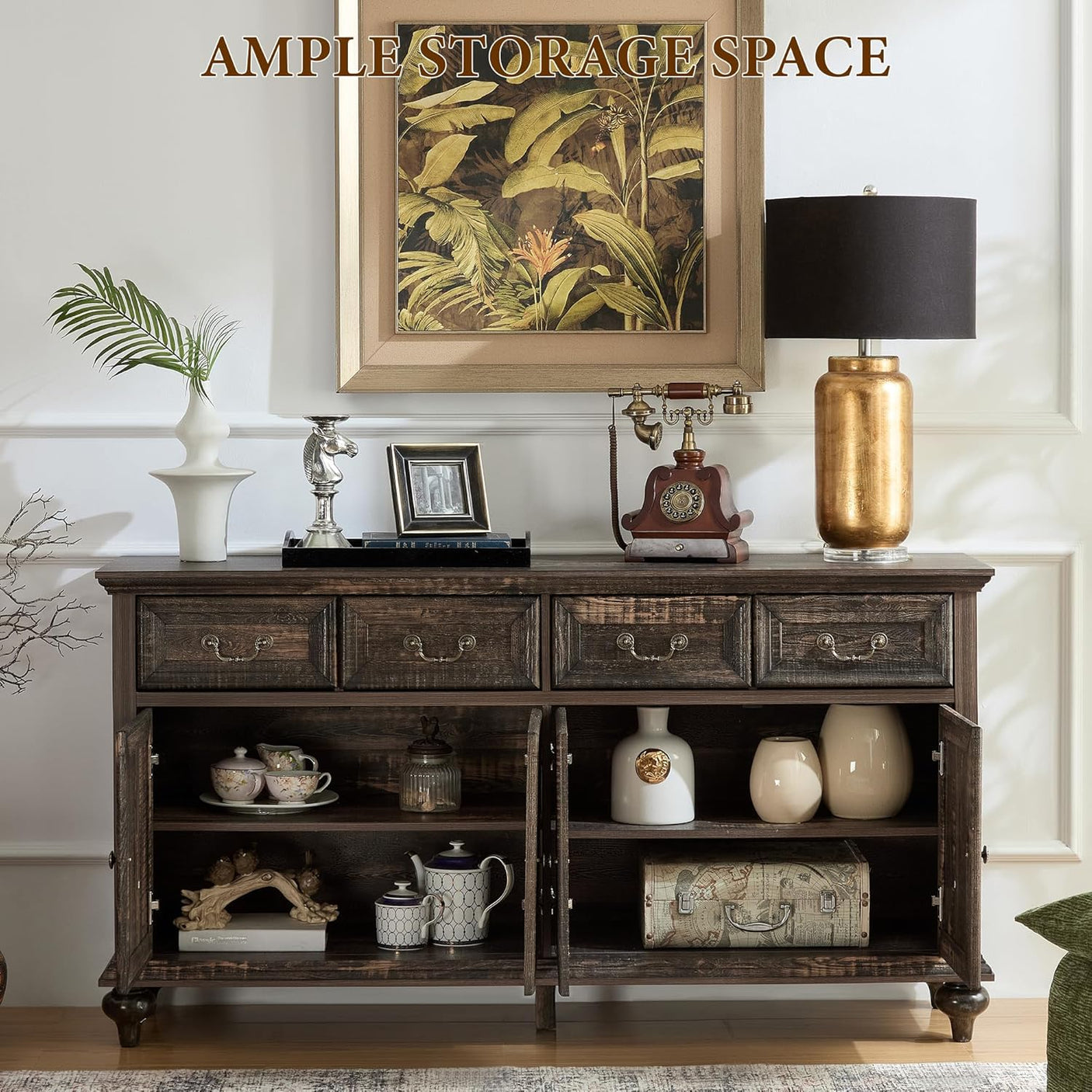 62" Large Farmhouse Buffet Cabinet with 4 Drawers & 4 Doors