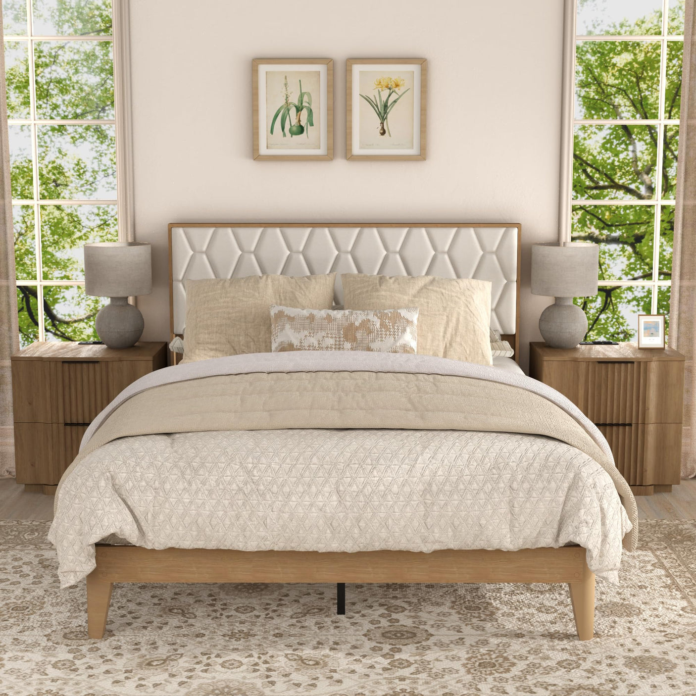 Yechen Diamond Headboard Platform Bed Frame | Boho Wood-Look, No Box Spring Needed