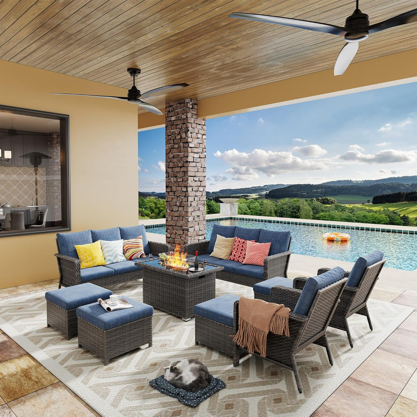 10 Seats Blue Patio Backyard Conversation Sofa Set