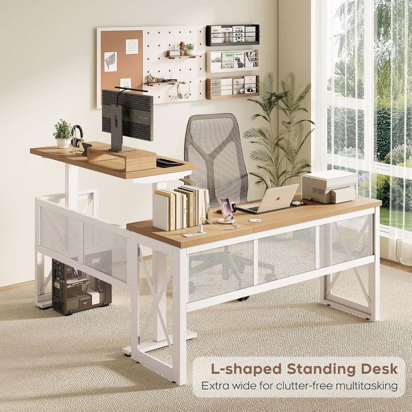 L-Shaped Standing Adjustable Desk, 4-in-1 Power Strip
