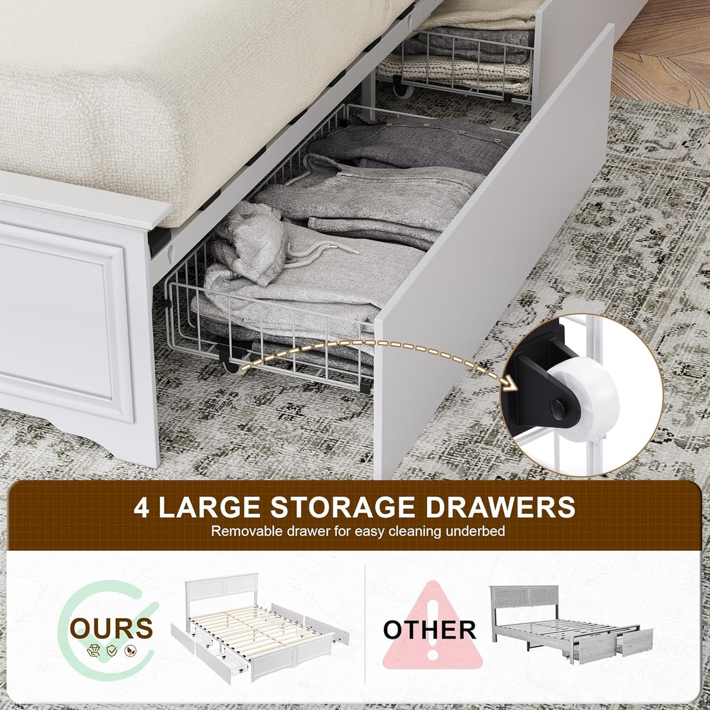 Farmhouse Queen Size Bed Frame with 4 Storage Drawers