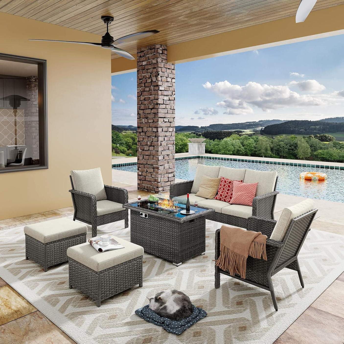 7 Seats Beige Patio Outdoor Conversation Sofa Set