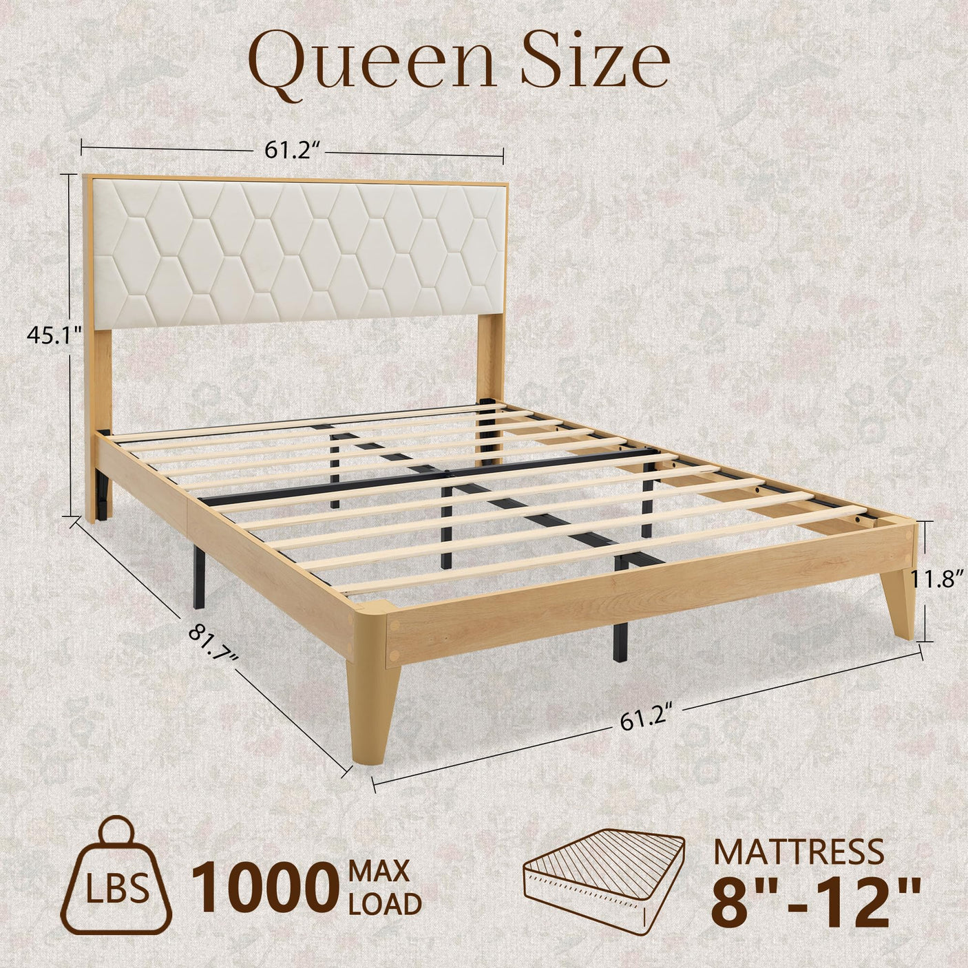 Yechen Diamond Headboard Platform Bed Frame | Boho Wood-Look, No Box Spring Needed