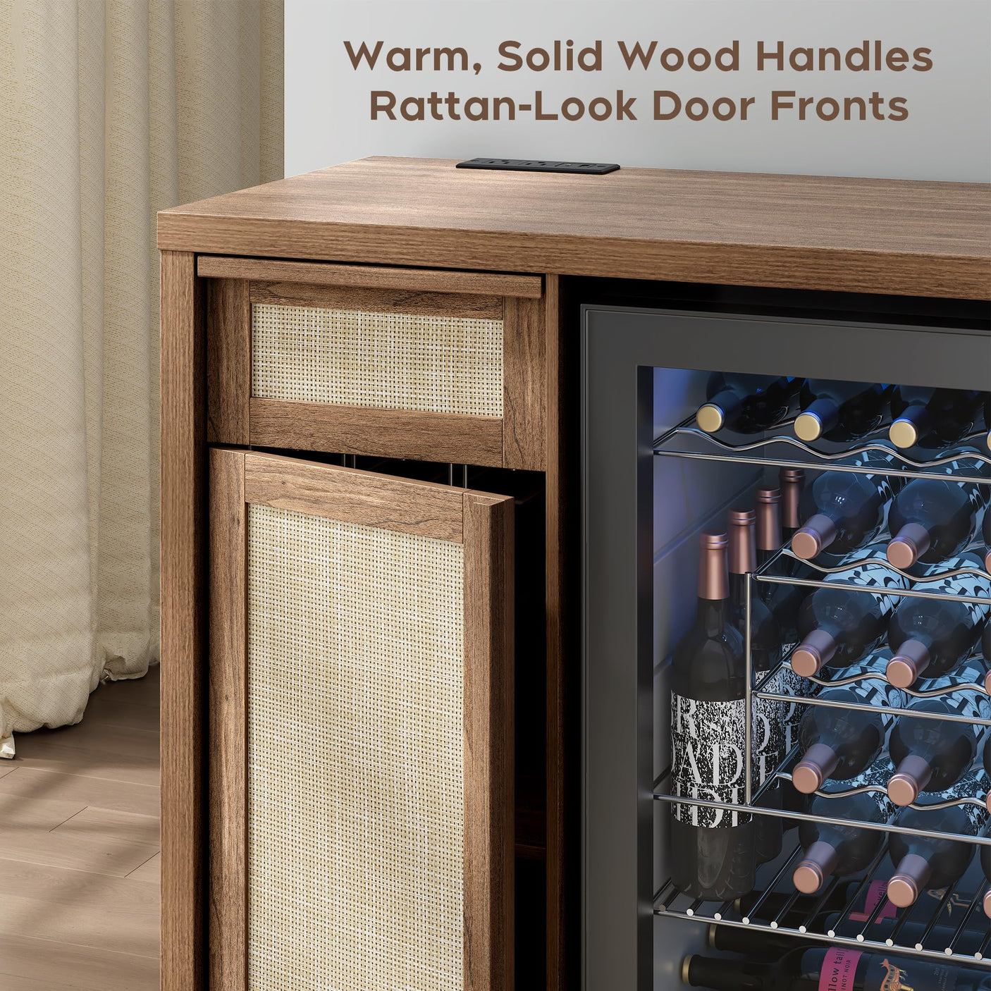 Rattan Coffee Bar Cabinet with Mini Fridge Space - Boho Sideboard with Wine Storage