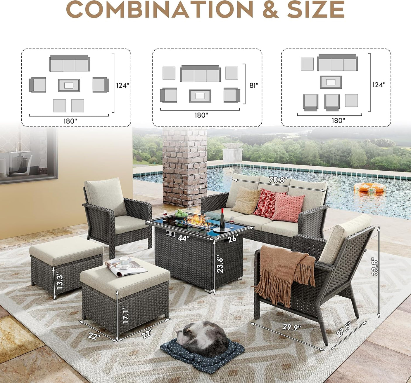 7 Seats Beige Patio Outdoor Conversation Sofa Set