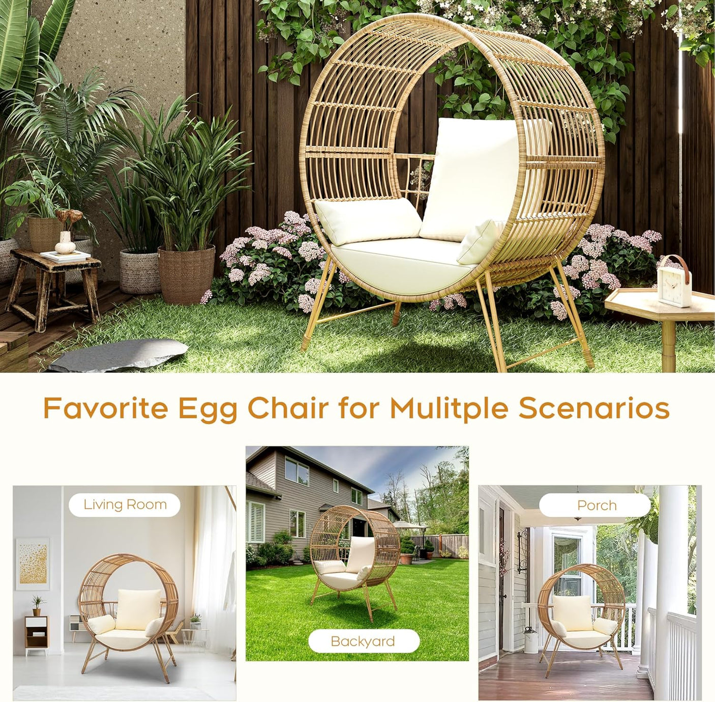 Outdoor Oversized Wicker Patio Egg Chair with Cushions