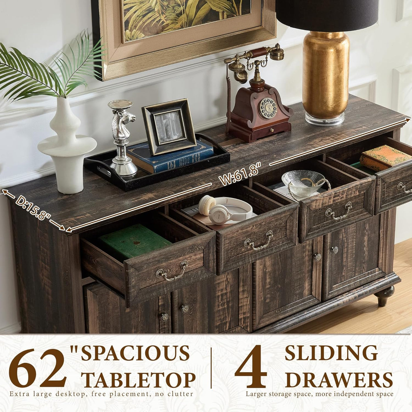 62" Large Farmhouse Buffet Cabinet with 4 Drawers & 4 Doors