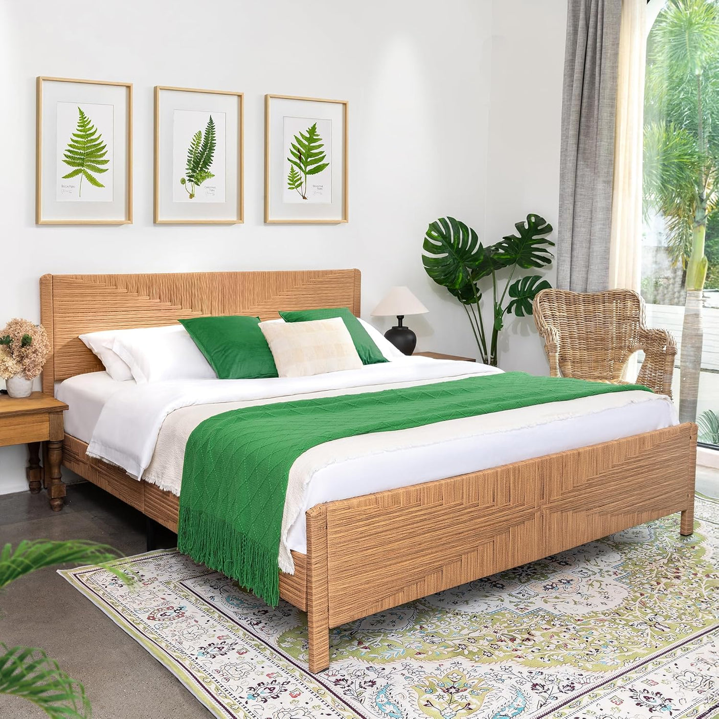 Yechen Home Hand-Woven Rattan Bed with Vintage Headboard