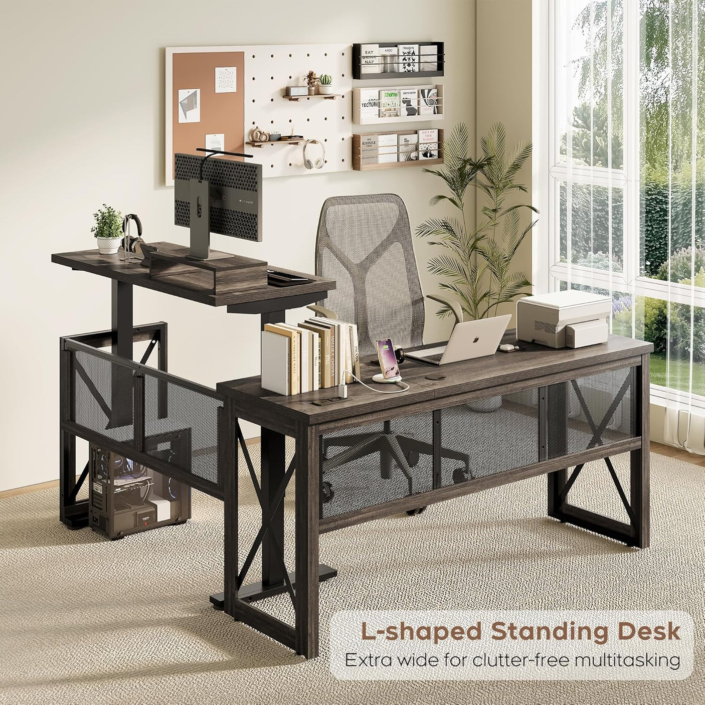 L-Shaped Standing Adjustable Desk, 4-in-1 Power Strip