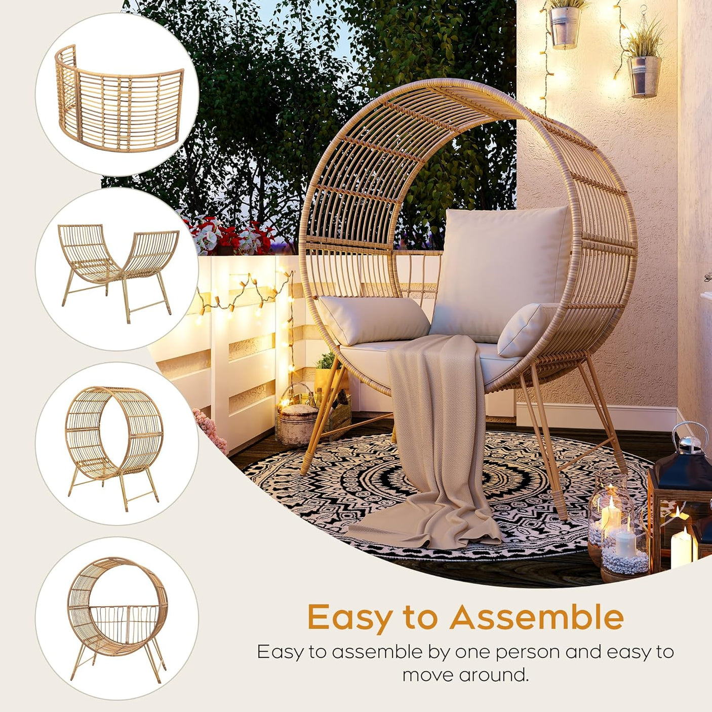 Outdoor Oversized Wicker Patio Egg Chair with Cushions