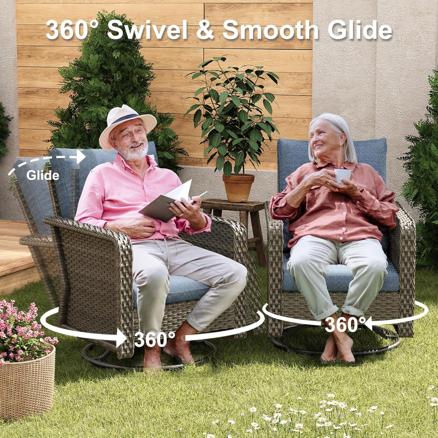 7 Seats Blue Patio Outdoor Conversation Sofa Set with Swivel Chair