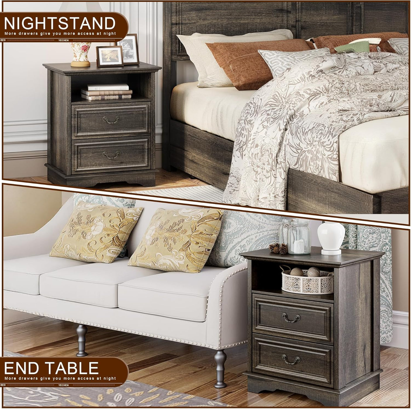 Farmhouse Mid Century Modern Nightstand, 2-Drawer 25" Tall Wood