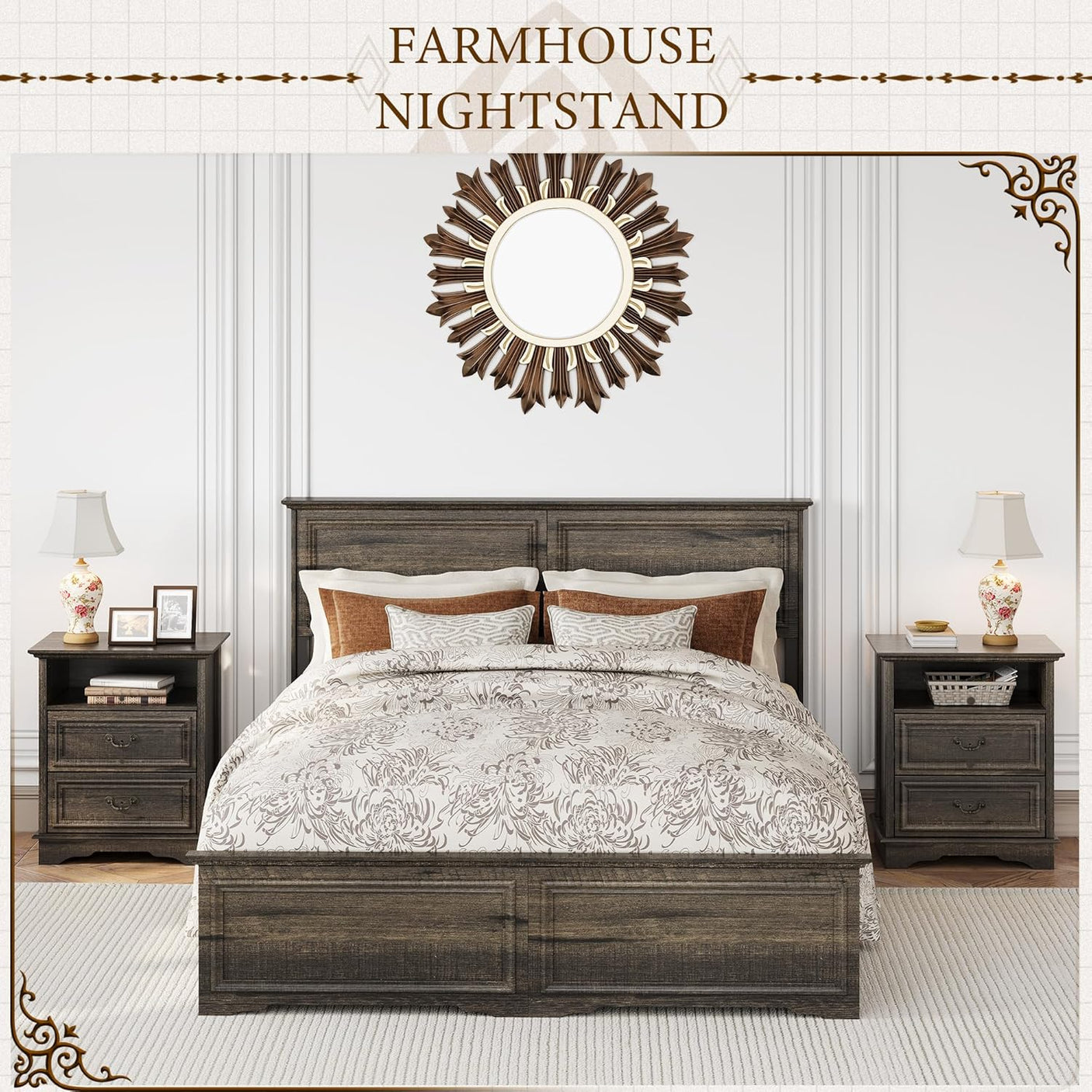 Farmhouse Mid Century Modern Nightstand, 2-Drawer 25" Tall Wood