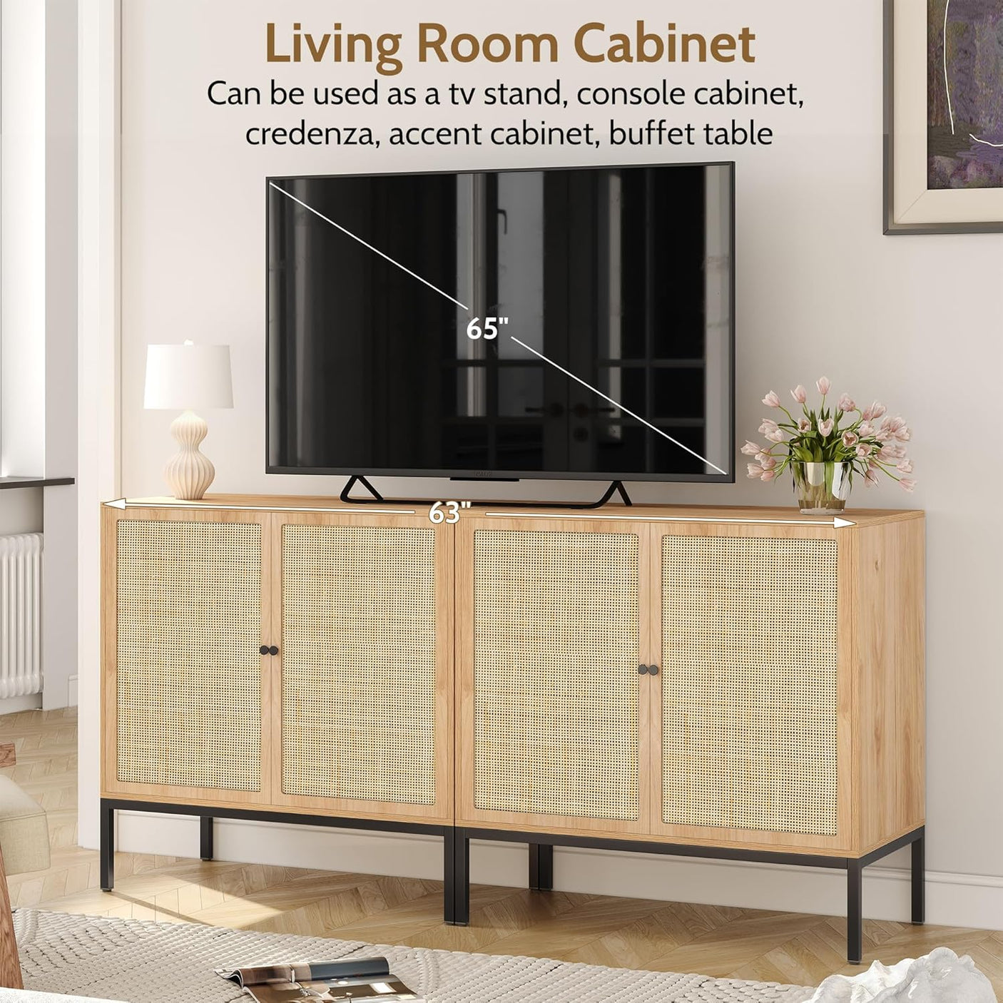 Sideboard Cabinet with Natural Rattan Decorated Doors