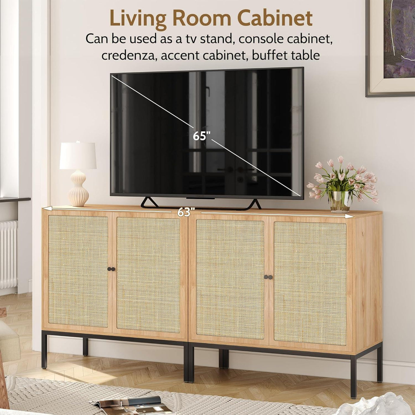 Sideboard Cabinet with Natural Rattan Decorated Doors
