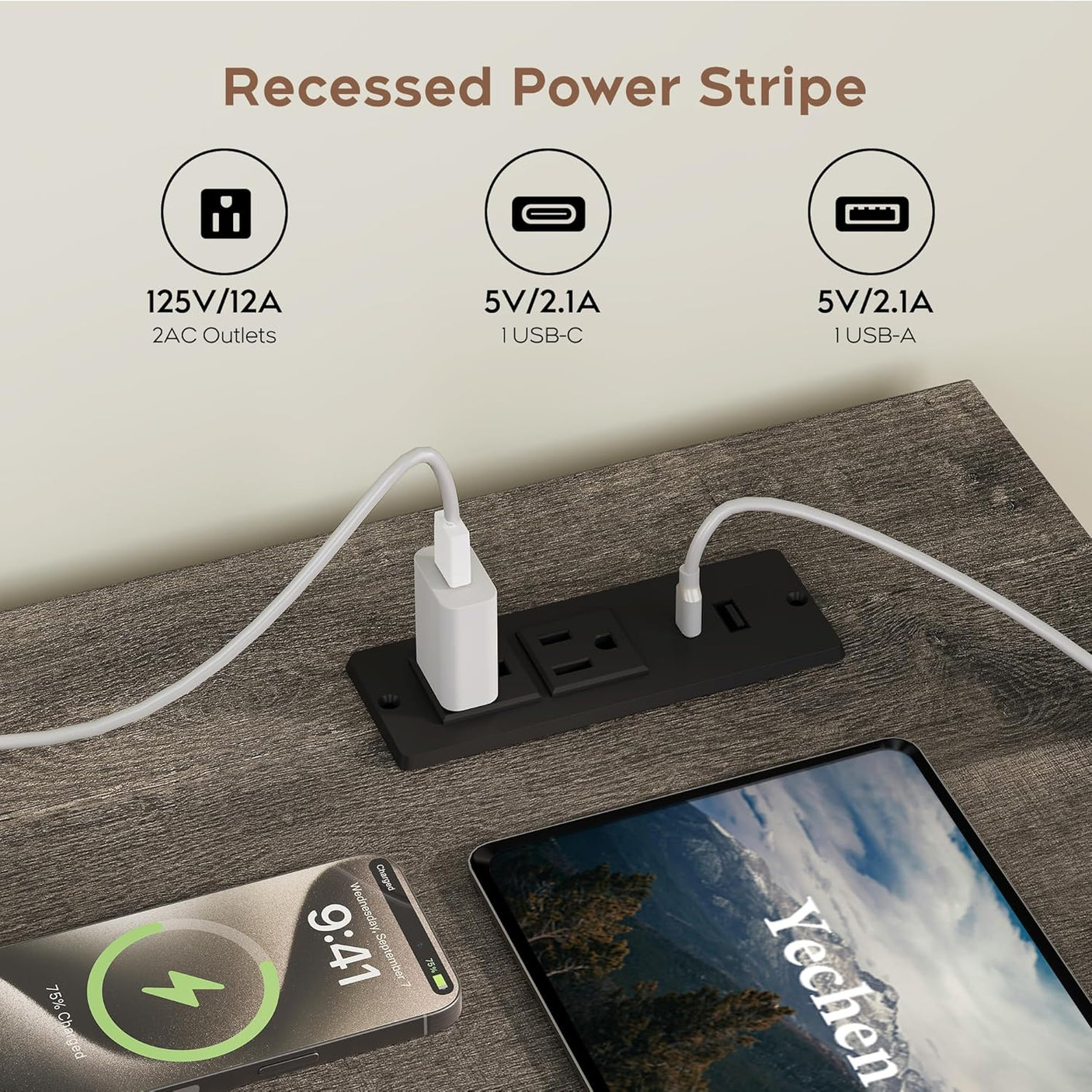 L-Shaped Standing Adjustable Desk, 4-in-1 Power Strip