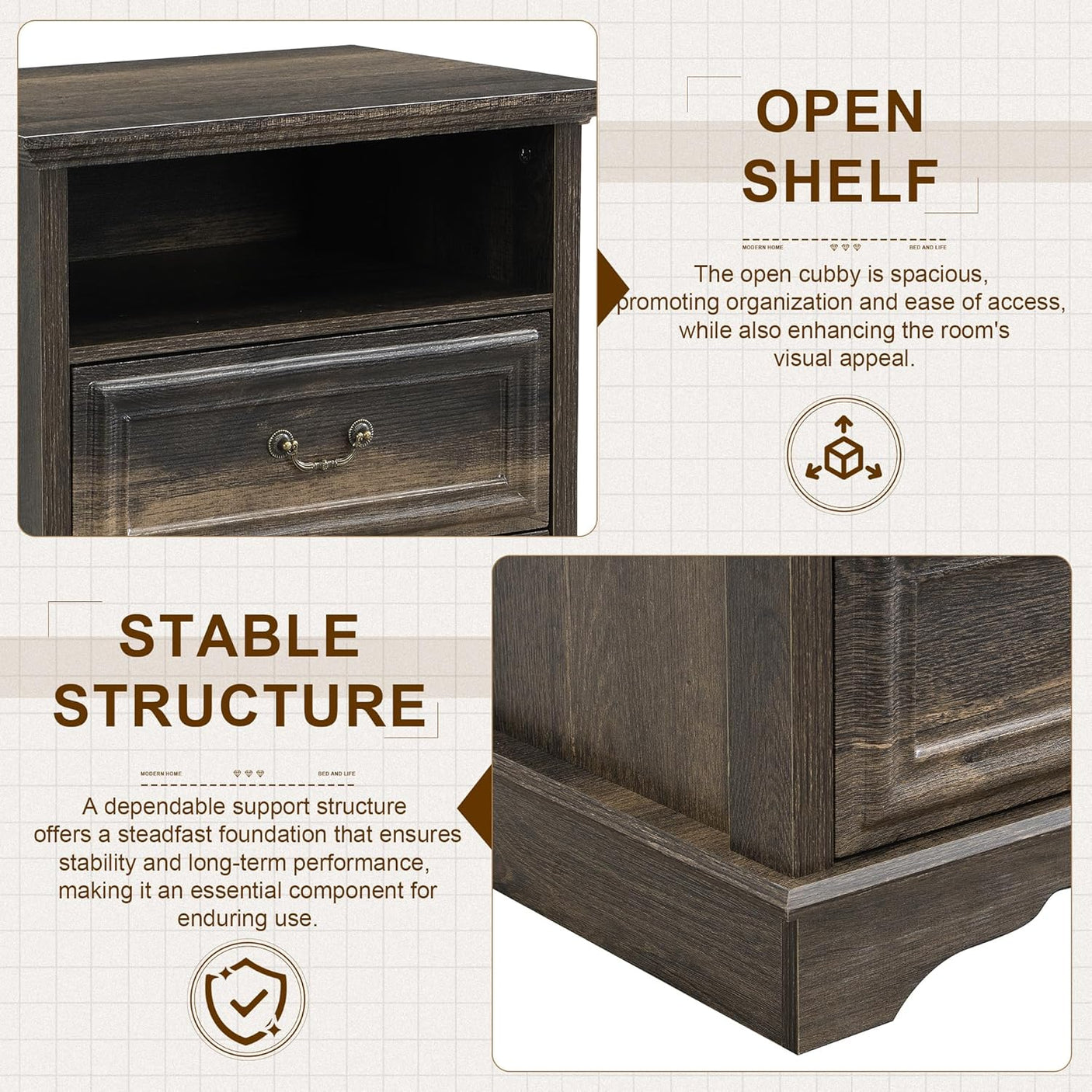 Farmhouse Mid Century Modern Nightstand, 2-Drawer 25" Tall Wood