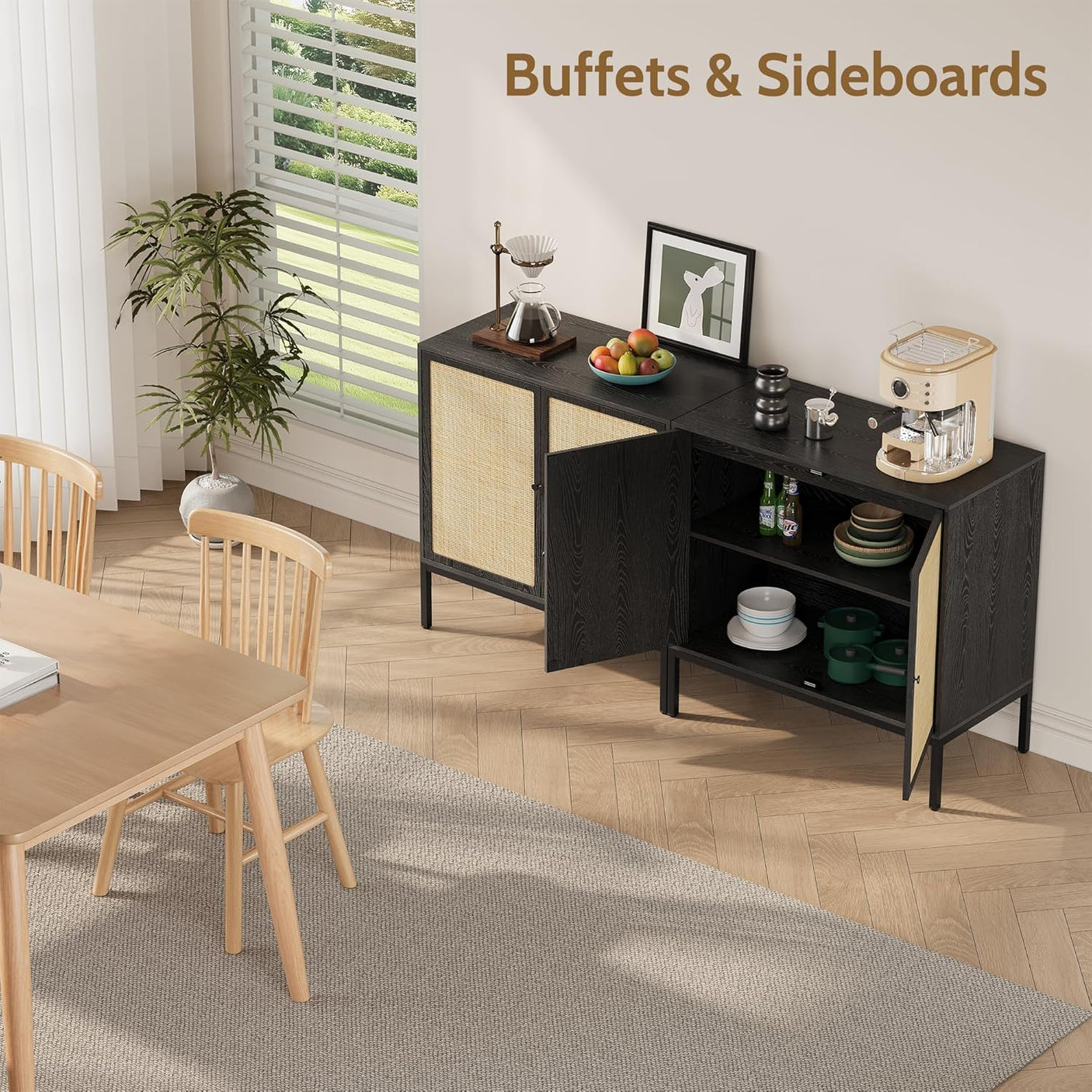 Sideboard Cabinet with Natural Rattan Decorated Doors